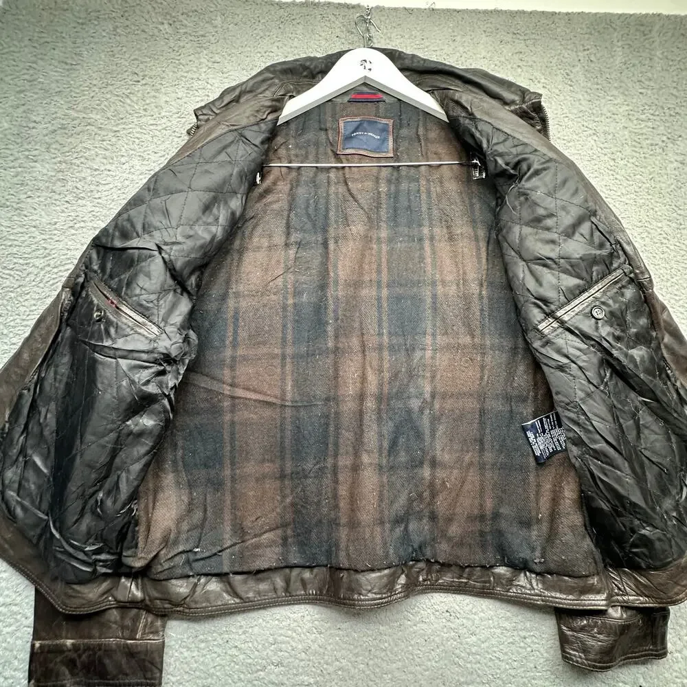 Tommy Hilfiger Genuine Leather Bomber Jacket Mens XL Flannel Plaid Lined Brown